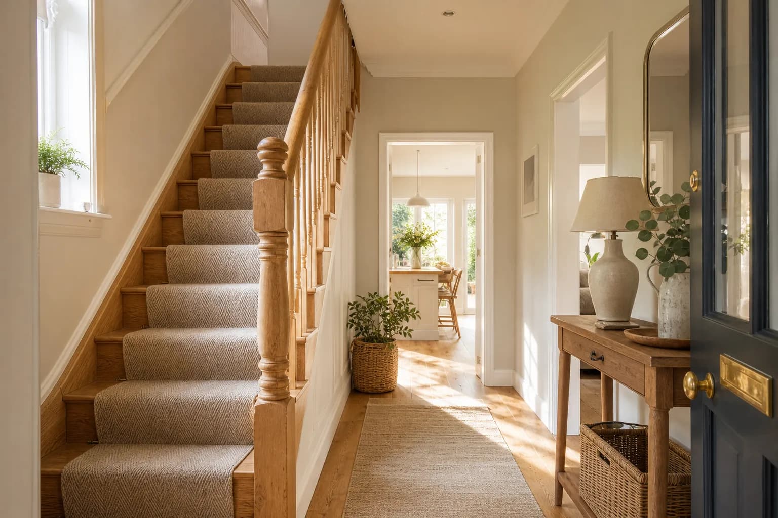 Bright renovated hallway with pale walls, an oak staircase and a runner, sunlight across the floor