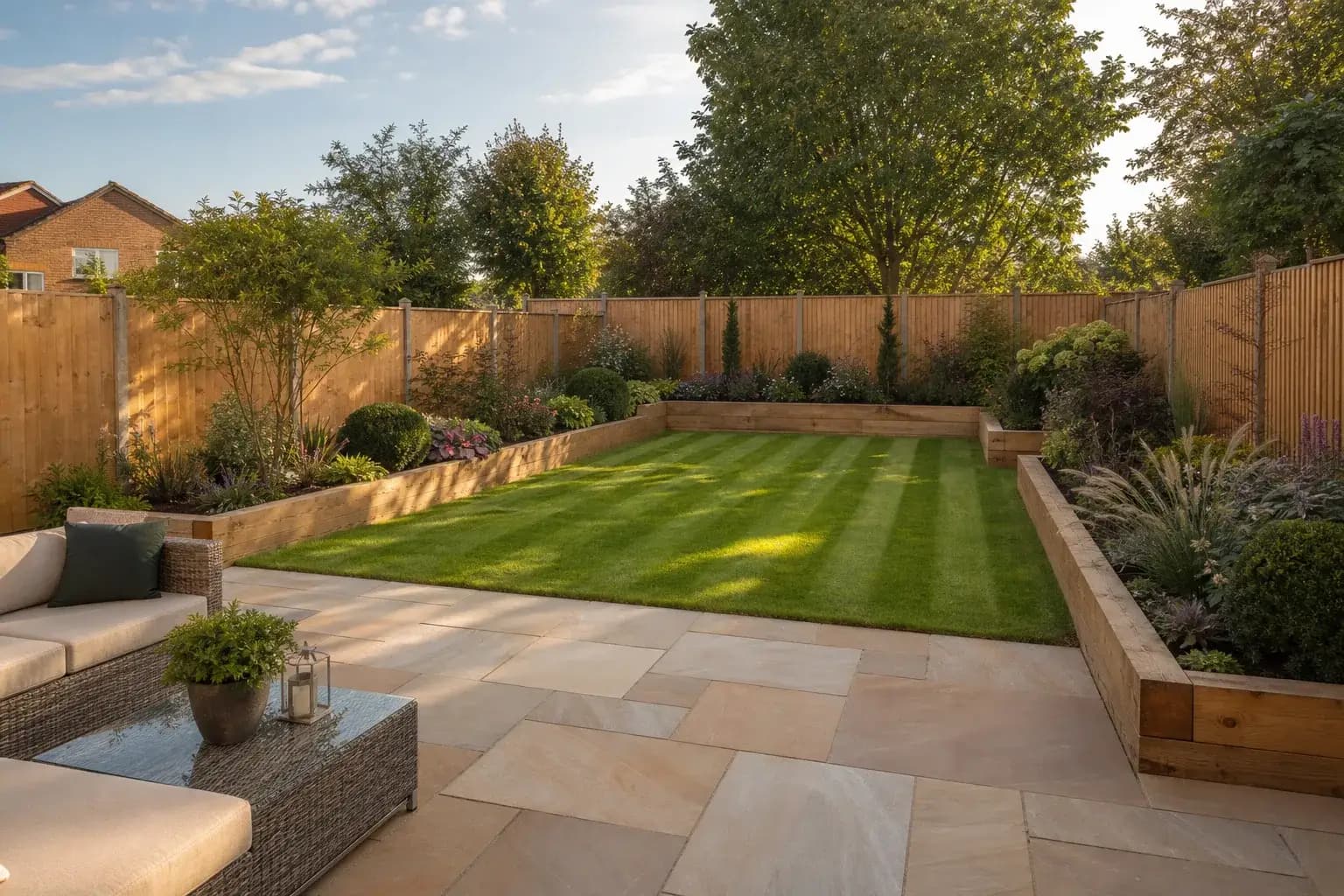 Sandstone paving slab being bedded onto mortar during garden landscaping, with a rubber mallet and string line alongside