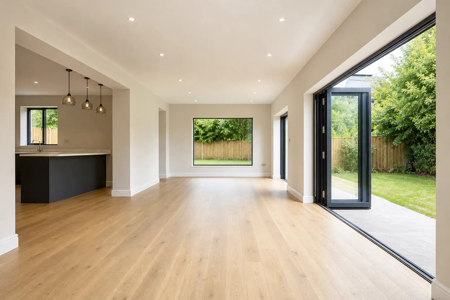 Renovated open-plan living and dining space with oak flooring and bifold doors onto a garden