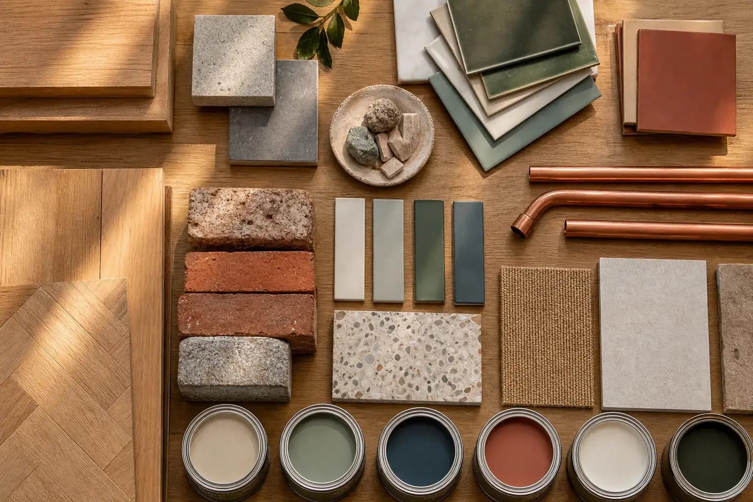 Building and finishing materials laid out on a workbench, including tiles, flooring samples, paint and brick