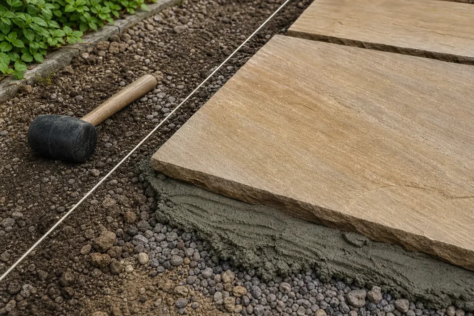 Sandstone paving slab being bedded onto mortar during garden landscaping, with a rubber mallet and string line alongside