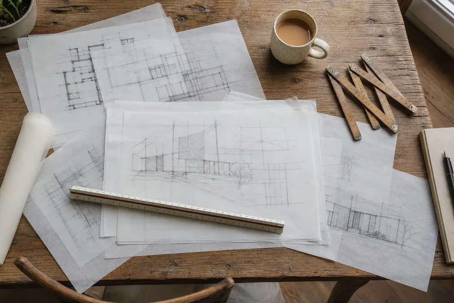 Architect drawings and a scale rule spread across a table beside a folding wooden ruler